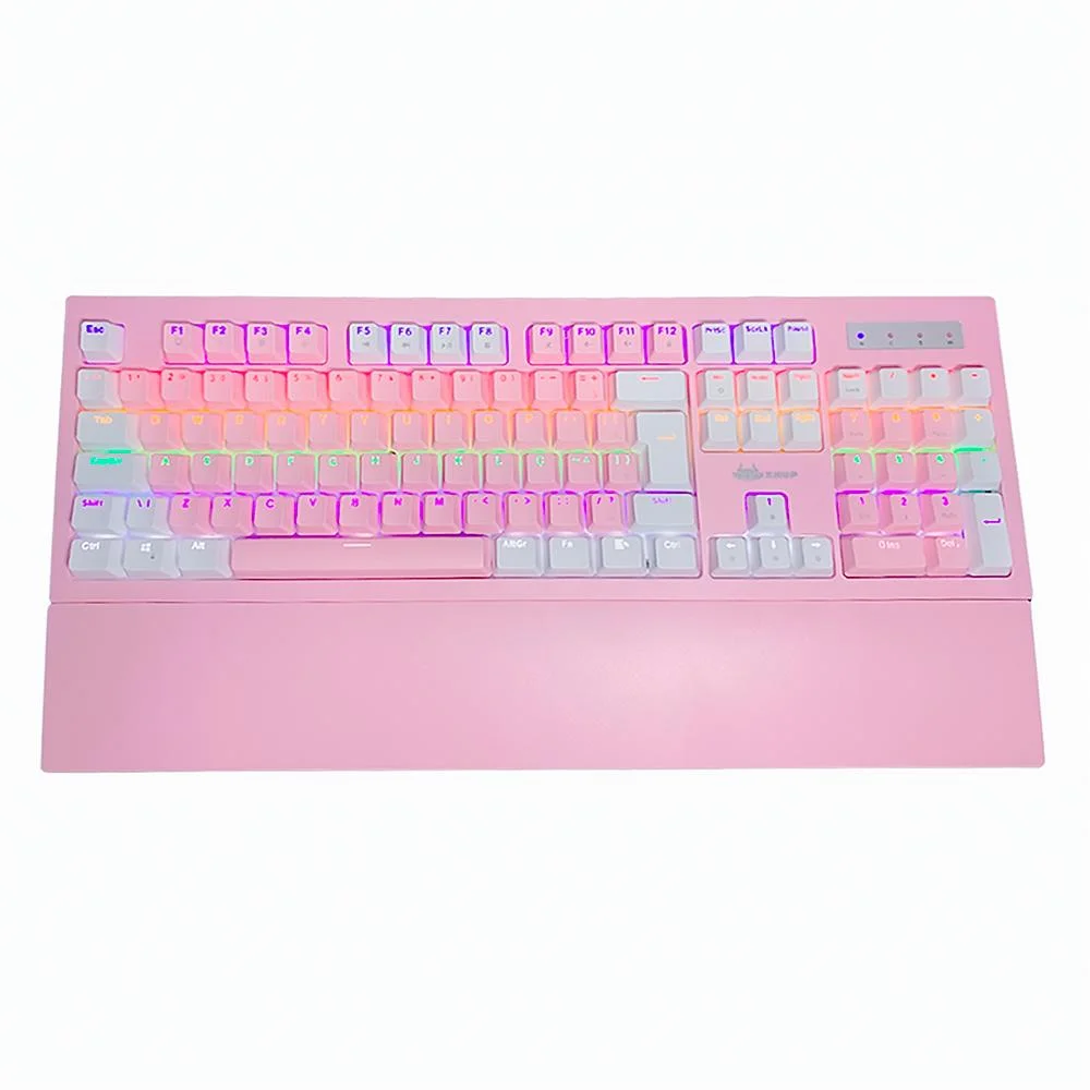 Imagem 2 de 5 do produto Teclado Gamer Knup KP-TE102 LED Rainbow, 107 Teclas ABNT2, Anti-Ghosting, Apoio de Punho, Removível USB, Branco E Rosa
