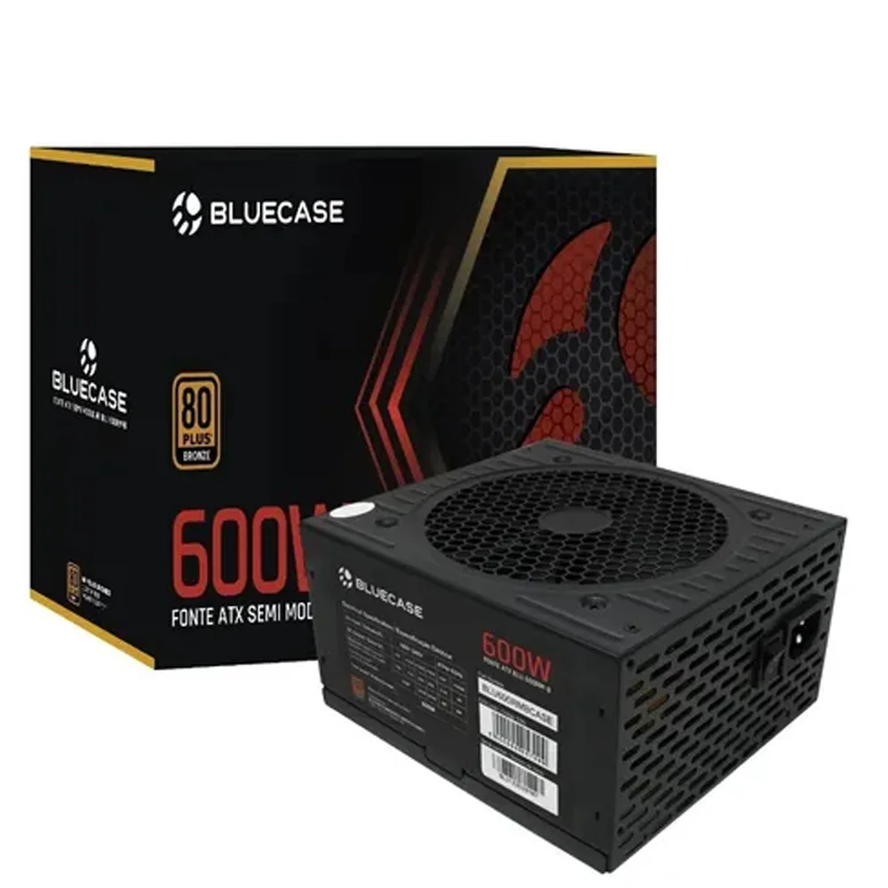 Fonte Bluecase ATX, 600W Real, 80 Plus Bronze, Semi-Modular, BLU600RM-B