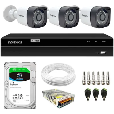 Kit 3 Câmeras Full Hd 1080p Tudo Forte + Dvr Gravador De Video Intelbras Mhdx 1204 4 Canais + Hd 2TB