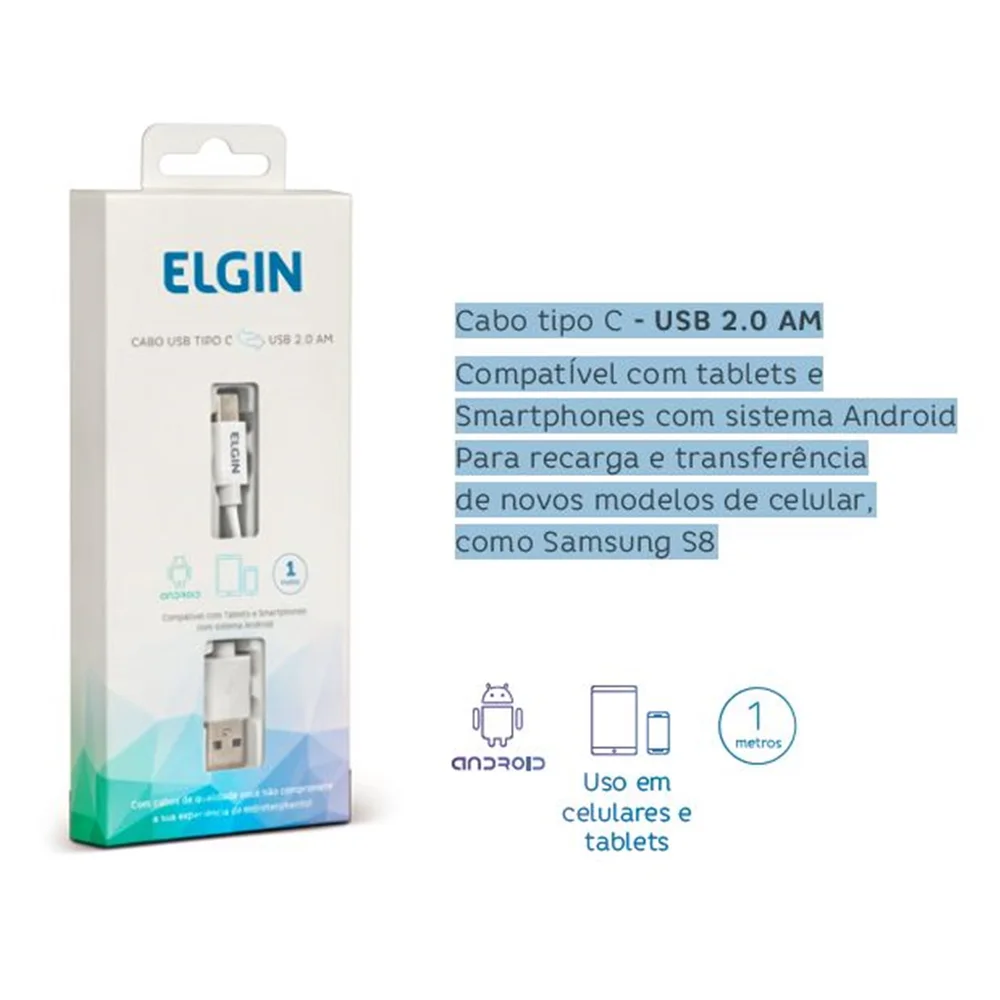 Imagem 5 de 5 do produto Cabo Usb Elgin Tipo C 1m Branco Recarga E Transf. De Dados