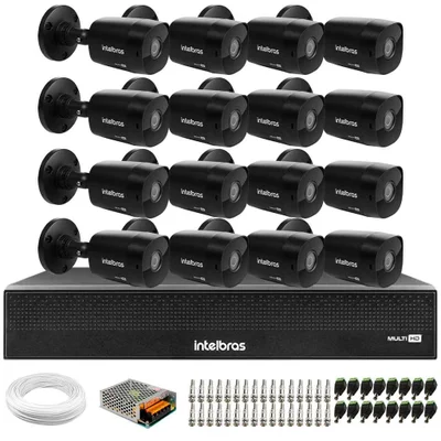 Kit 16 Câmeras Black Bullet Intelbras VHD 1220 B G6 Full HD 1080P, DVR Imhdx 3016 e Acessórios