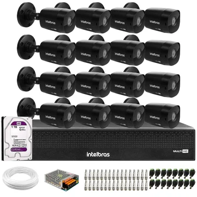 Kit 16 Câmeras Black Bullet Intelbras VHD 1220 B G6 Full HD 1080P e DVR Imhdx 3016, HD 1TB