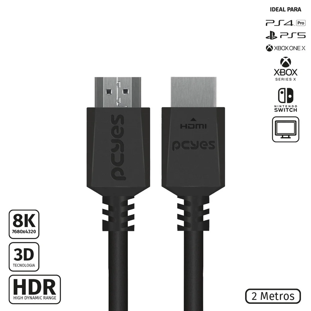 Imagem 2 de 5 do produto Cabo HDMI Ultra 2.1 Pcyes, 28AWG, Puro Cobre, 8K, 60hz, 2M - PHM8K-2