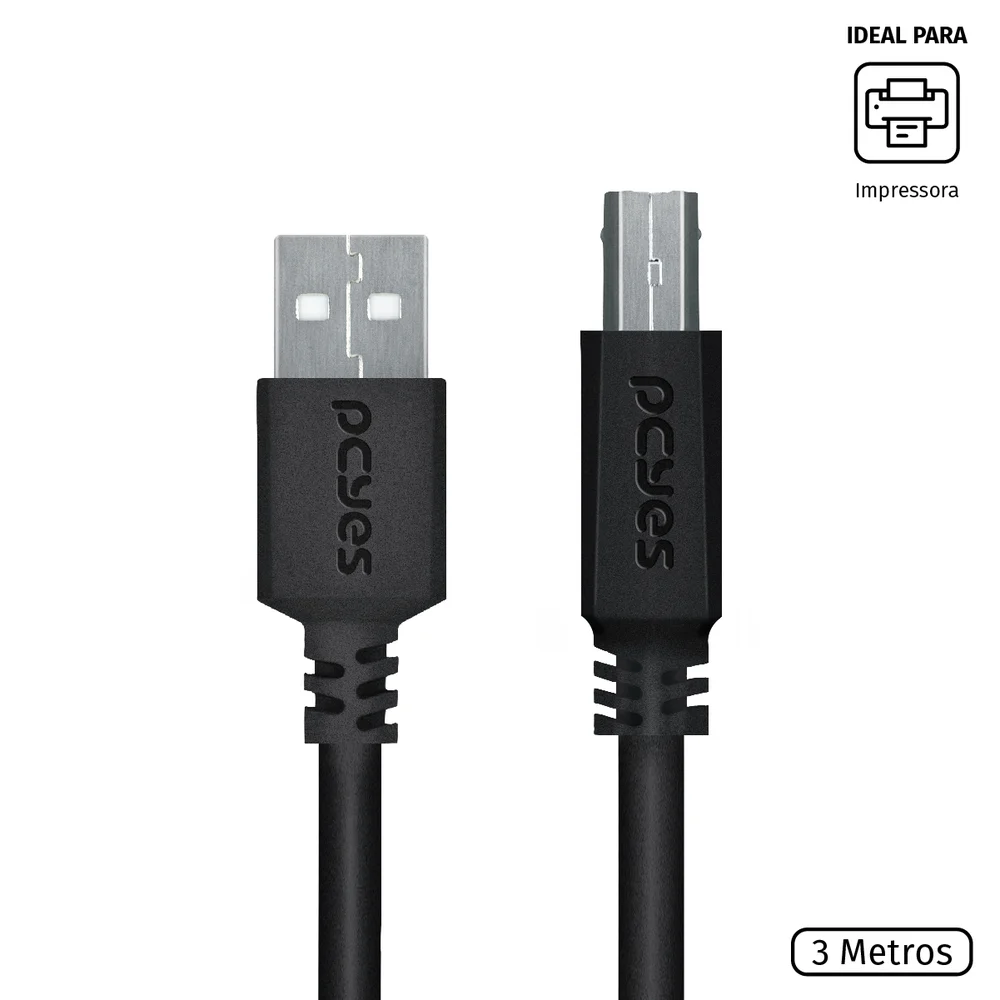 Imagem 3 de 5 do produto Cabo Para Impressora Usb A 2.0 Macho Para Usb B 2.0 Macho 28awg Puro Cobre 3 Metros - Puabm2-3
