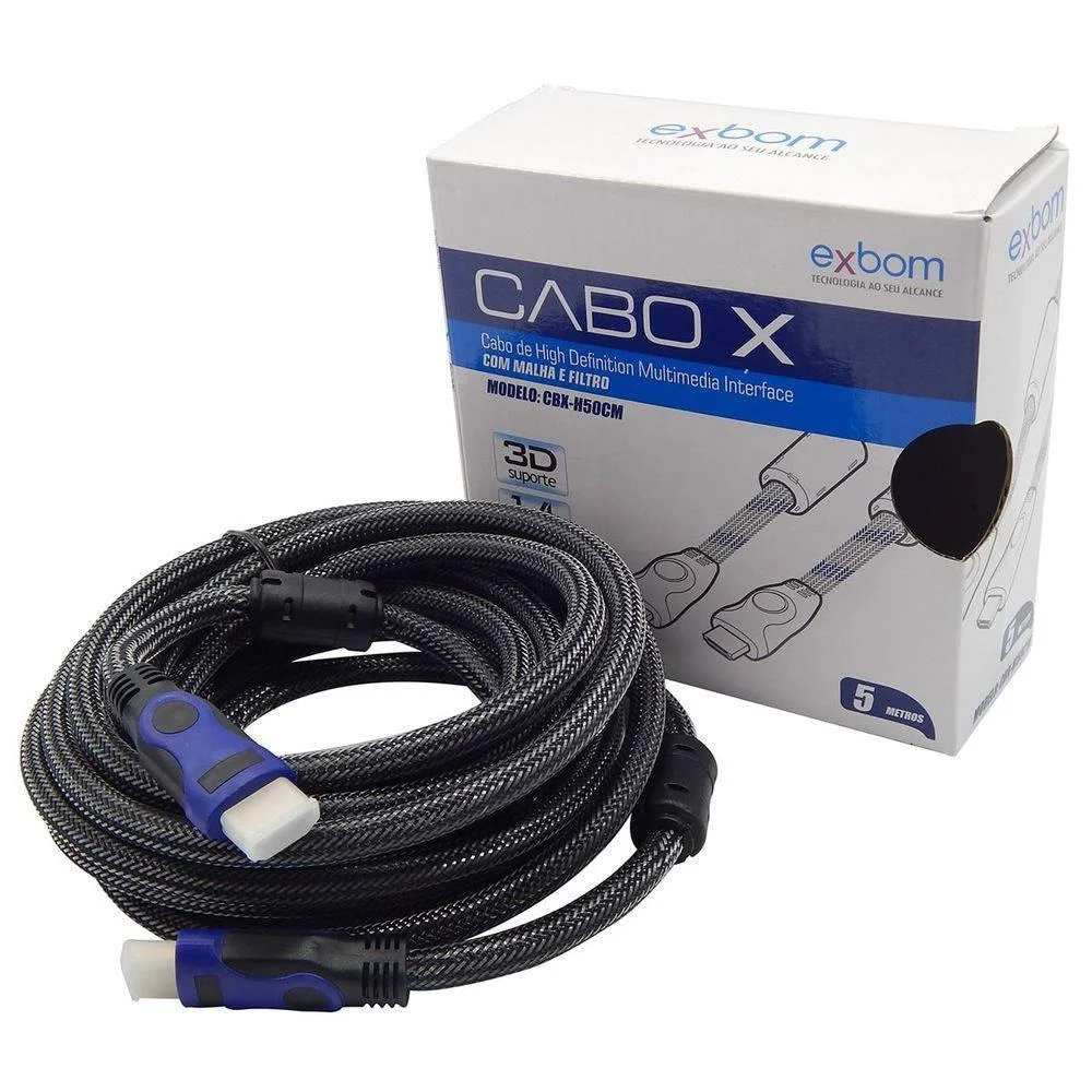 Imagem 2 de 3 do produto Cabo Exbom HDMI 1.4 3d 4k FULL HD Com Filtro 5 Metros Preto, 5 Mts