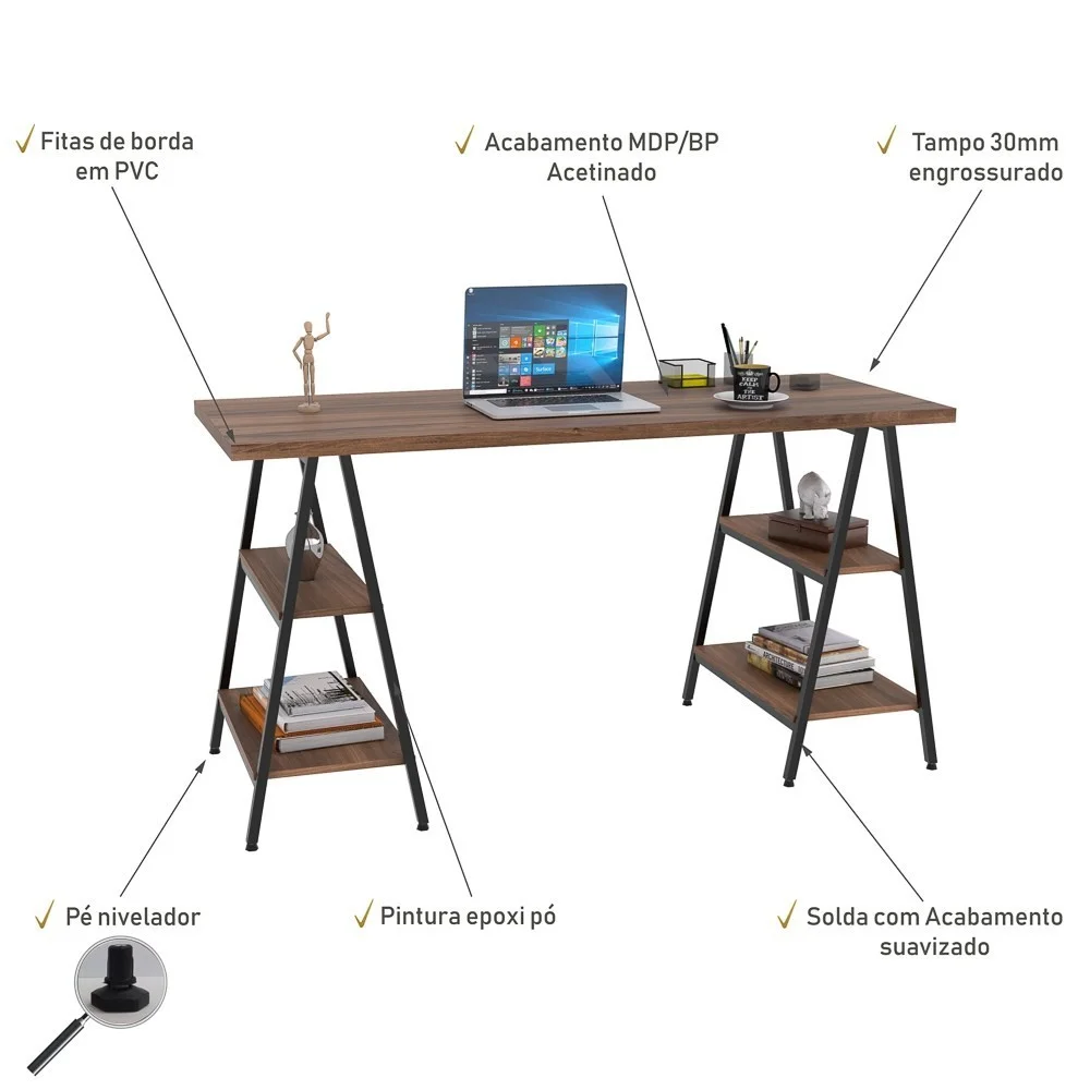 Imagem 5 de 5 do produto Mesa Escrivaninha Cavalete 150cm Estilo Industrial Prisma C08 Nogal/preto - Mpozenato