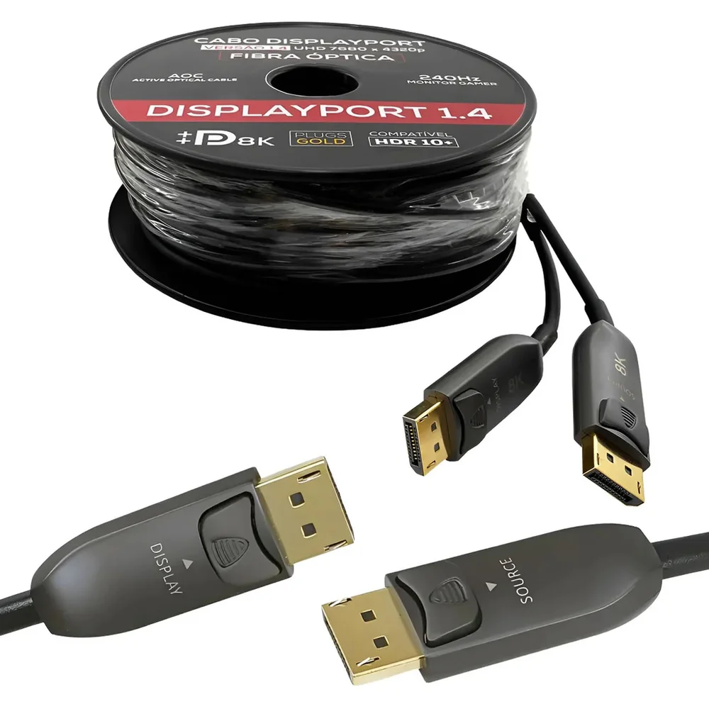 Cabo Displayport Win Cabos 1.4 Fibra Óptica De 20 Metros, Alta Velocidade 32.4gbps