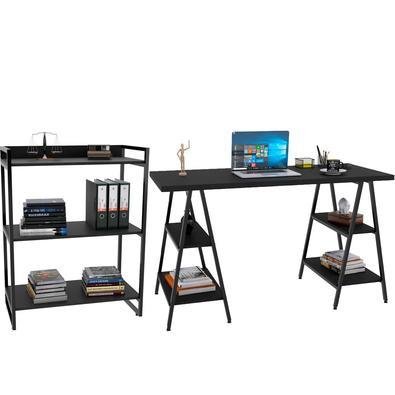 Kit Mesa Cavalete 150 Cm Com Estante 3 Prateleiras Estilo Industrial Form C01 Preto Onix - Lyam Decor