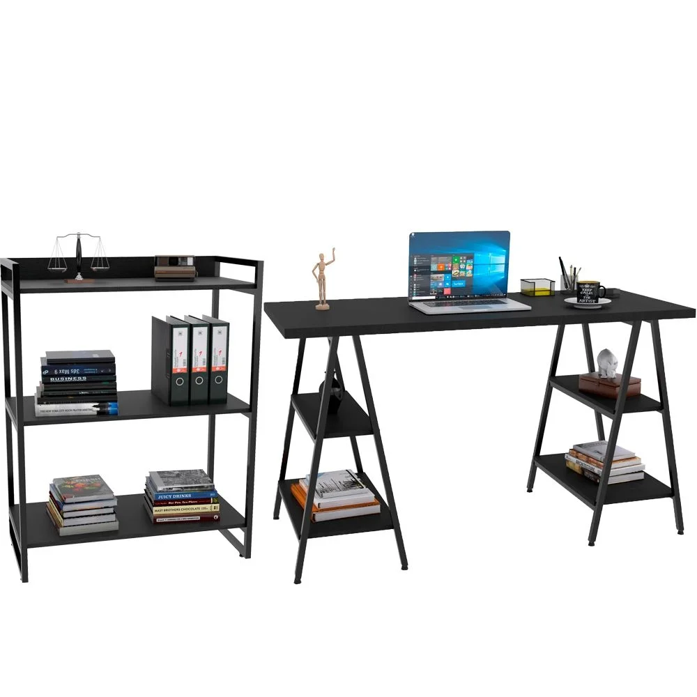 Kit Mesa Cavalete 150 Cm Com Estante 3 Prateleiras Estilo Industrial Form C01 Preto Onix - Lyam Decor