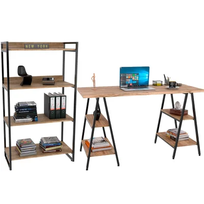 Kit Mesa Cavalete 150 Cm Com Estante 4 Prateleiras Estilo Industrial Form C01 Carvalho - Lyam Decor