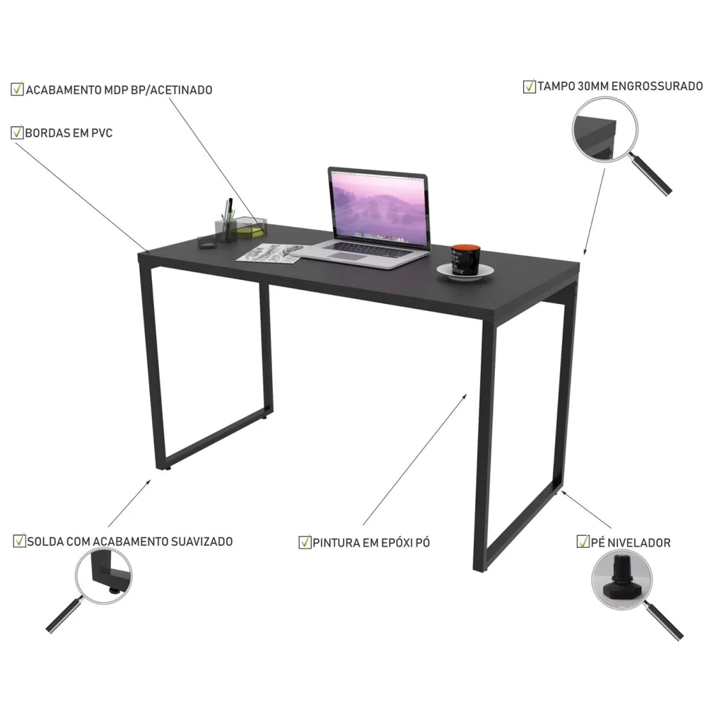 Imagem 2 de 5 do produto Mesa Para Escritório Lyam Decor Home Office Estilo Industrial Form C01 120 Cm Preto Onix