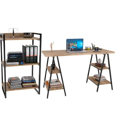 Kit Mesa Cavalete 135 Cm Com Estante 3 Prateleiras Estilo Industrial Form C01 Carvalho - Lyam Decor