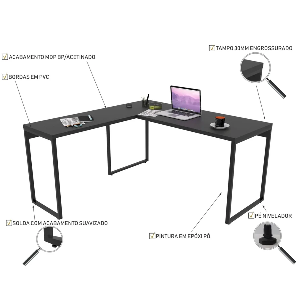 Imagem 2 de 5 do produto Mesa Para Escritório Home Office Estilo Industrial Em L Form C01 150x150cm Preto Onix - Lyam Decor