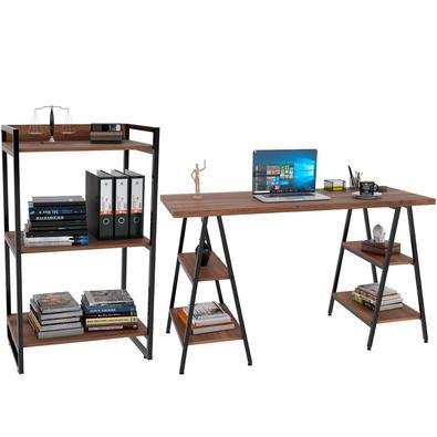 Kit Mesa Cavalete 135 Cm Com Estante 3 Prateleiras Estilo Industrial Form C01 Nogal - Lyam Decor
