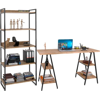 Kit Mesa Cavalete 150 Cm Com Estante 5 Prateleiras Estilo Industrial Form C01 Carvalho - Lyam Decor