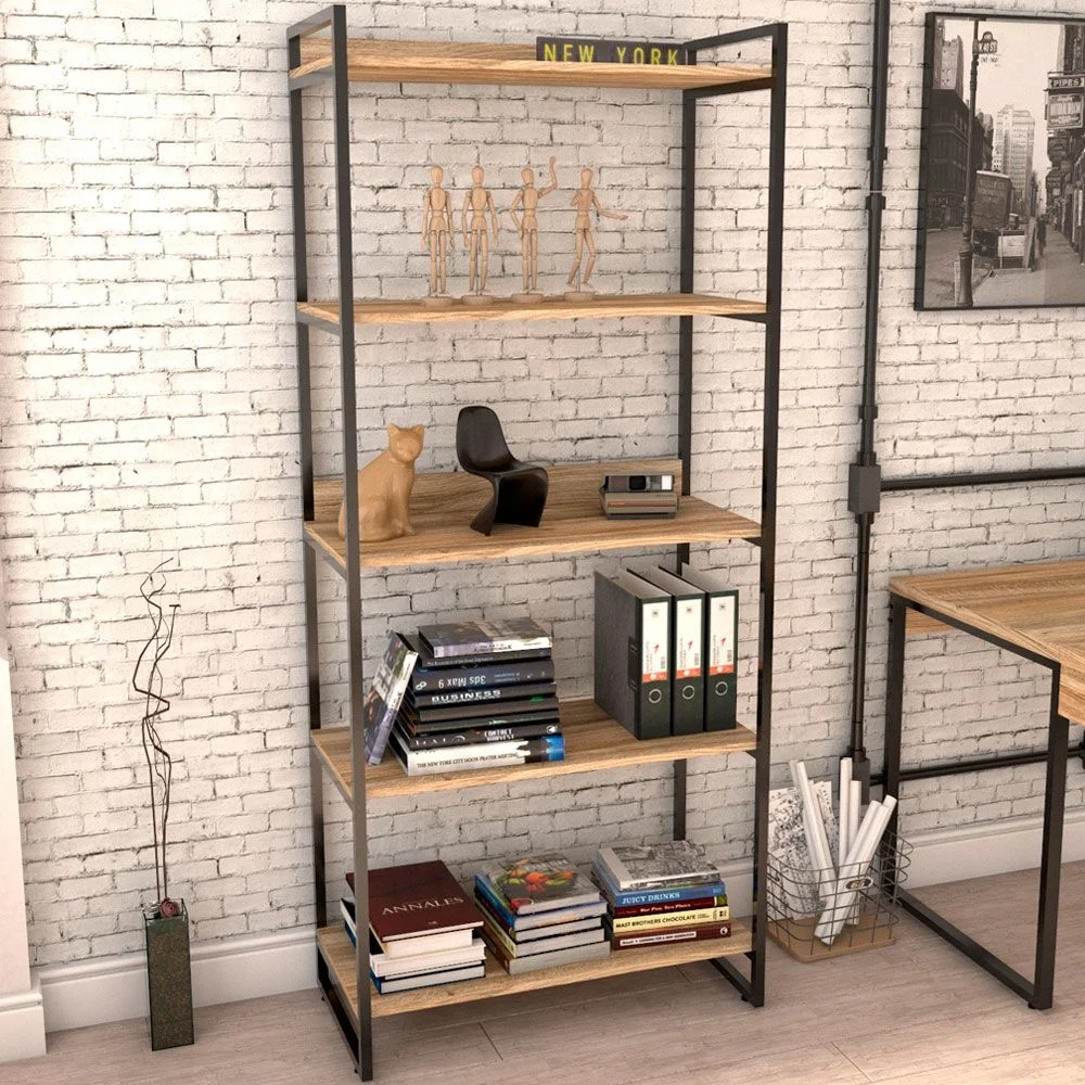 Imagem 2 de 5 do produto Kit Mesa Cavalete 150 Cm Com Estante 5 Prateleiras Estilo Industrial Form C01 Carvalho - Lyam Decor