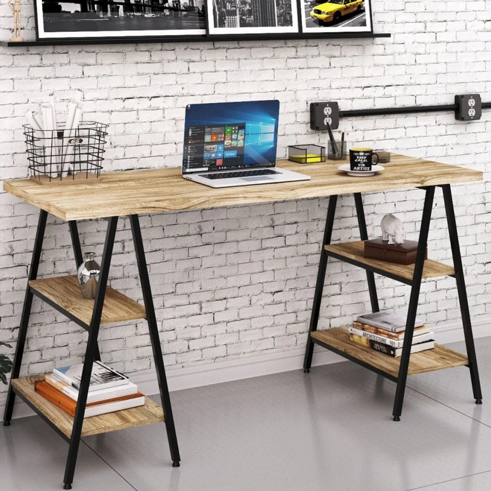 Imagem 4 de 5 do produto Kit Mesa Cavalete 150 Cm Com Estante 5 Prateleiras Estilo Industrial Form C01 Carvalho - Lyam Decor