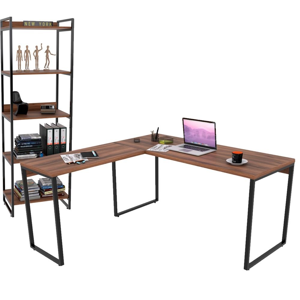 Kit Mesa De Escritório Industrial Em L Com Estante 5 Prateleiras Form C01 150x150 Nogal - Lyam Decor