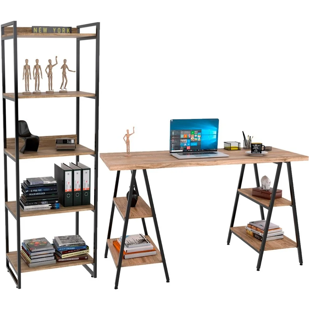 Kit Mesa Cavalete 135 Cm Com Estante 5 Prateleiras Estilo Industrial Form C01 Carvalho - Lyam Decor