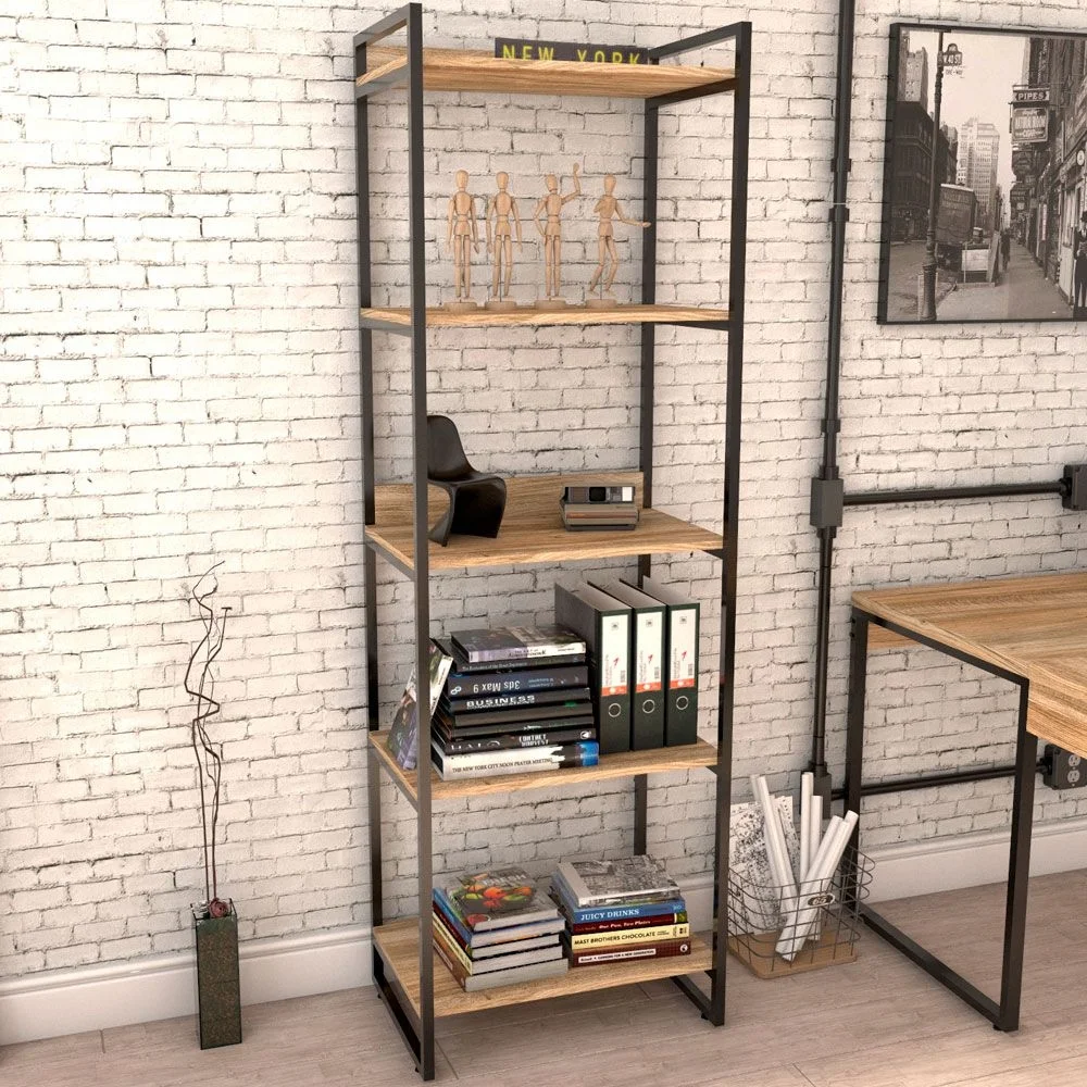 Kit Mesa Cavalete 135 Cm Com Estante 5 Prateleiras Estilo Industrial Form C01 Carvalho - Lyam Decor