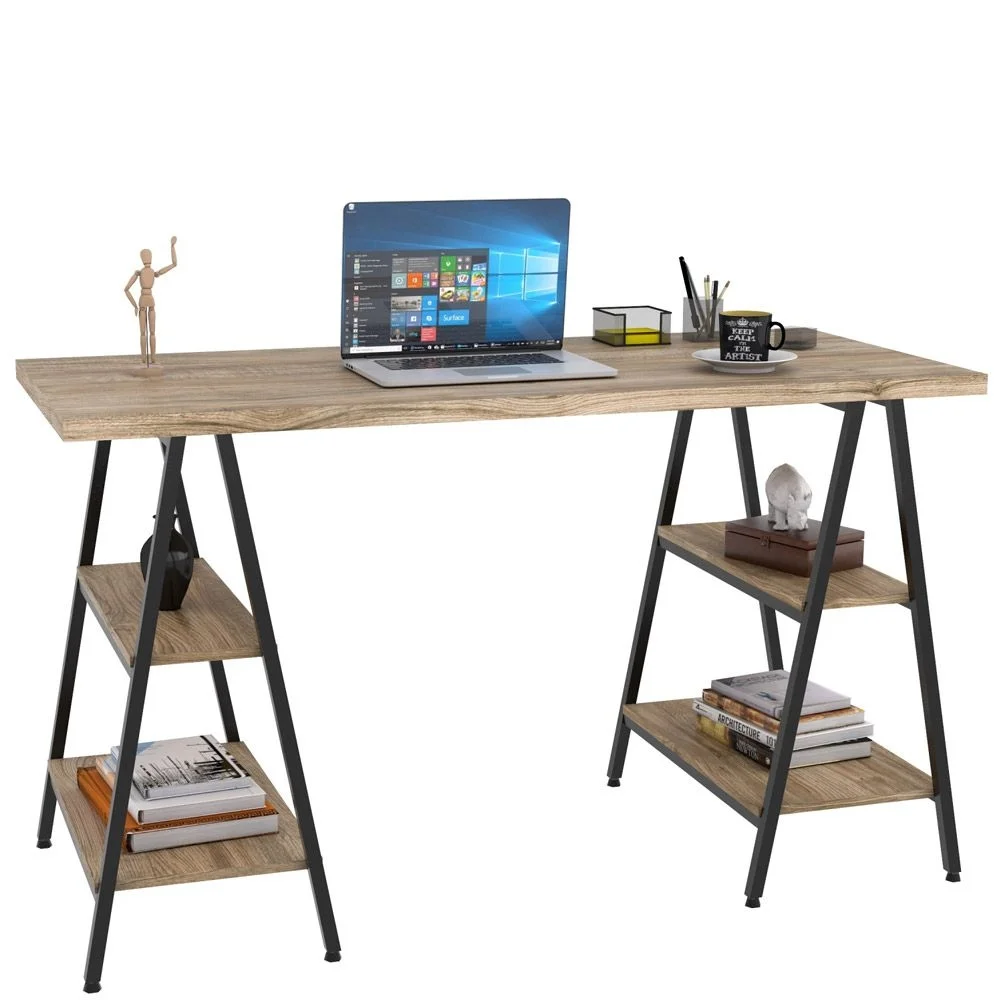 Kit Mesa Cavalete 135 Cm Com Estante 5 Prateleiras Estilo Industrial Form C01 Carvalho - Lyam Decor