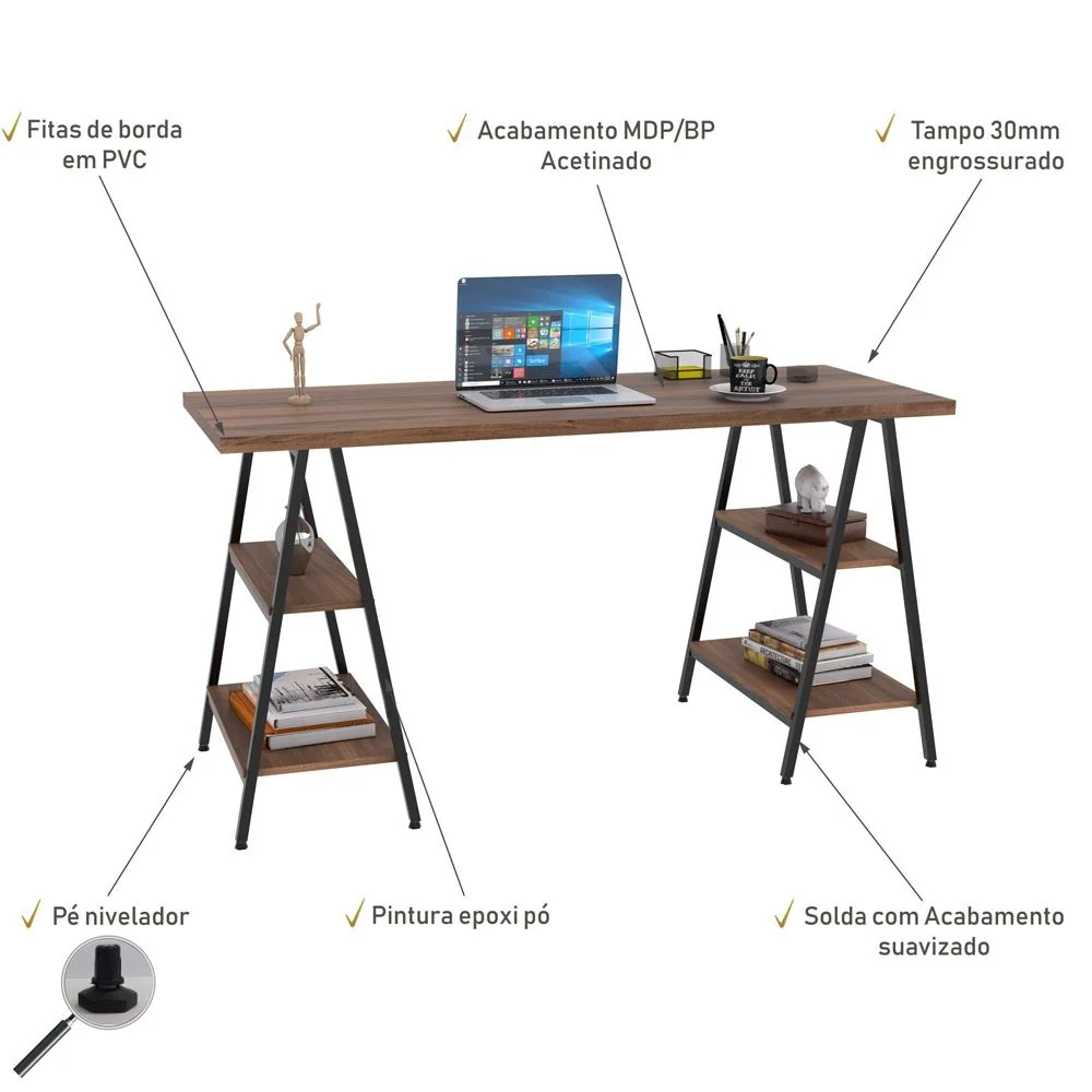 Imagem 2 de 5 do produto Mesa Para Escritório Estilo Industrial Cavalete Form C01 150cm Nogal - Lyam Decor