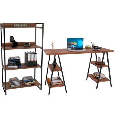 Kit Mesa Cavalete 150 Cm Com Estante 4 Prateleiras Estilo Industrial Form C01 Nogal - Lyam Decor