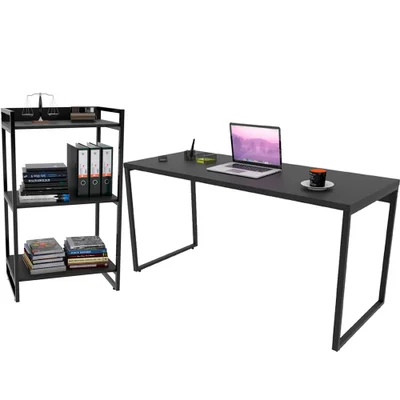 Kit Mesa Para Escritório Com Estante Office Estilo Industrial Form C01 150 Cm Preto Onix - Lyam Decor