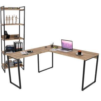 Kit Mesa De Escritório Industrial Em L Com Estante 5 Prateleiras Form C01 150x150 Carvalho - Lyam Decor