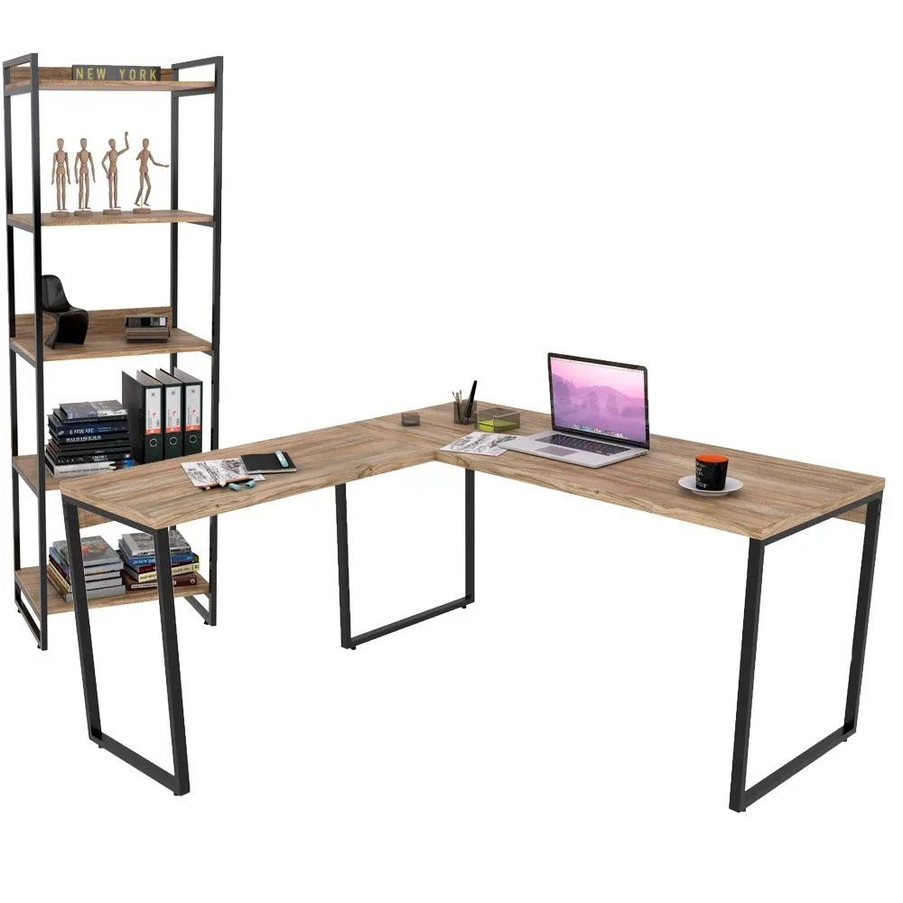 Imagem 1 de 5 do produto Kit Mesa De Escritório Industrial Em L Com Estante 5 Prateleiras Form C01 150x150 Carvalho - Lyam Decor
