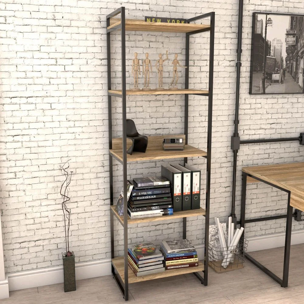 Imagem 2 de 5 do produto Kit Mesa De Escritório Industrial Em L Com Estante 5 Prateleiras Form C01 150x150 Carvalho - Lyam Decor