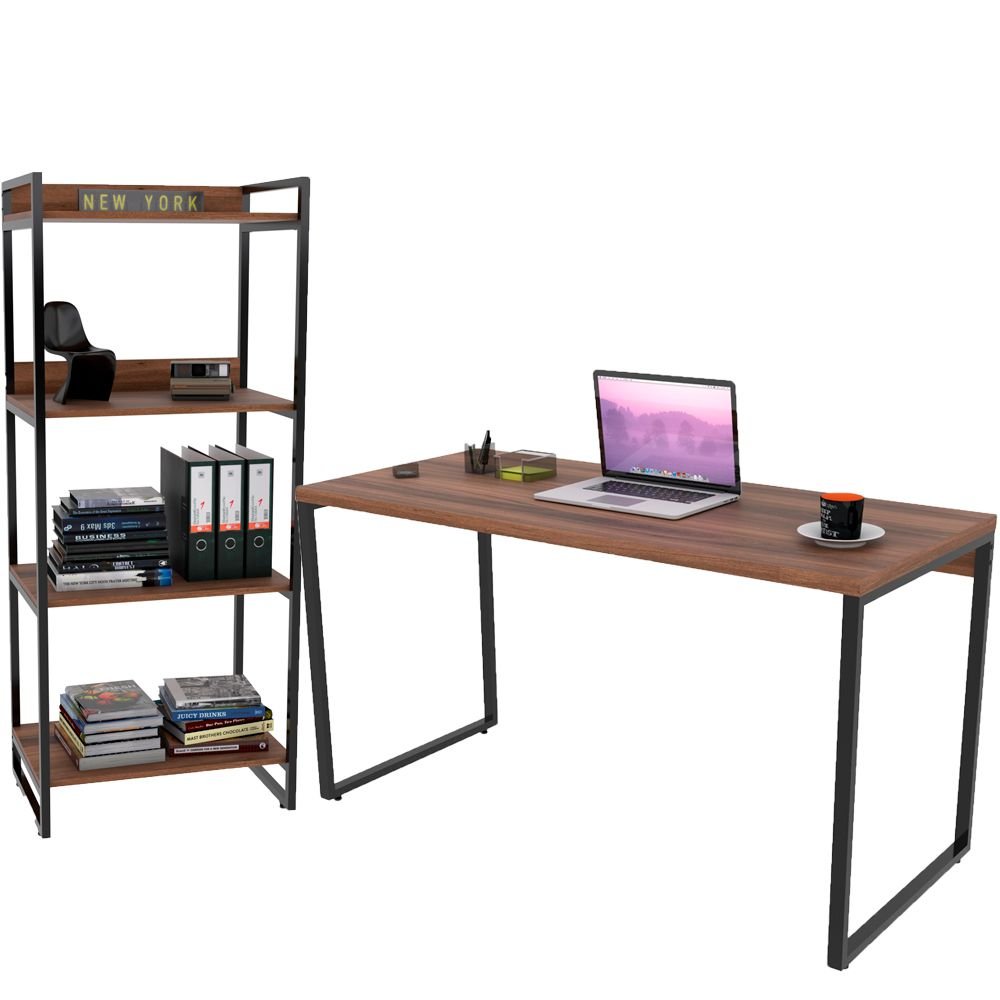 Kit Mesa Para Escritório Com Estante 4 Prateleiras Industrial Form C01 135 Cm Nogal - Lyam Decor
