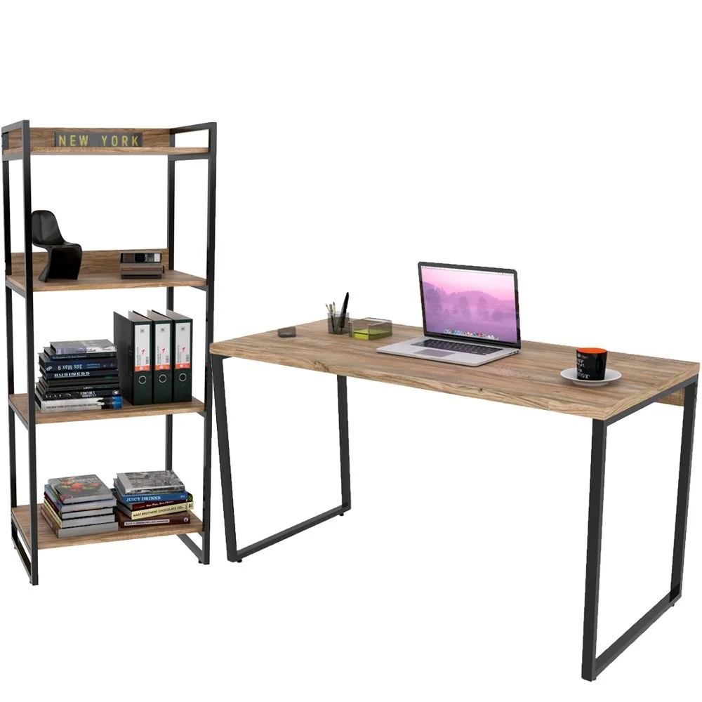 Imagem 1 de 5 do produto Kit Mesa Para Escritório Com Estante 4 Prateleiras Industrial Form C01 135 Cm Carvalho - Lyam Decor