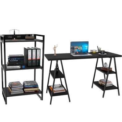 Kit Mesa Cavalete 135 Cm Com Estante 3 Prateleiras Estilo Industrial Form C01 Preto Onix - Lyam Decor