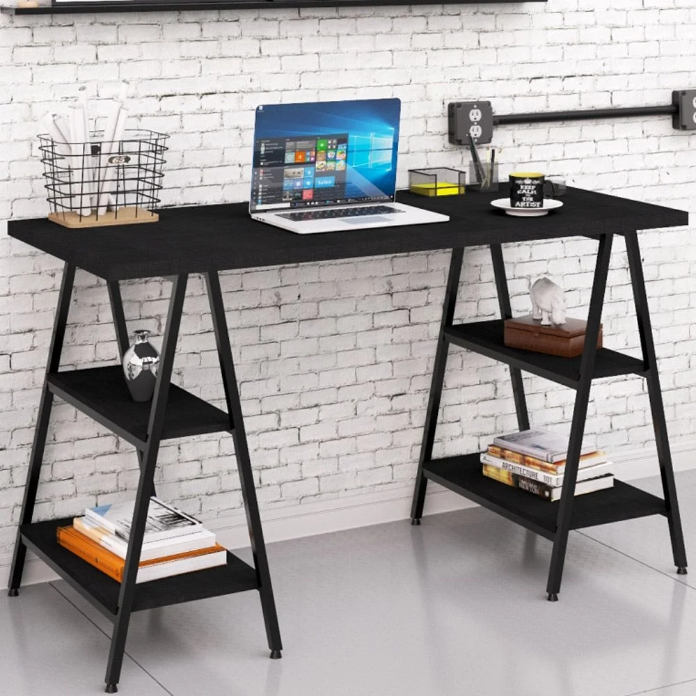 Imagem 2 de 5 do produto Kit Mesa Cavalete 135 Cm Com Estante 3 Prateleiras Estilo Industrial Form C01 Preto Onix - Lyam Decor
