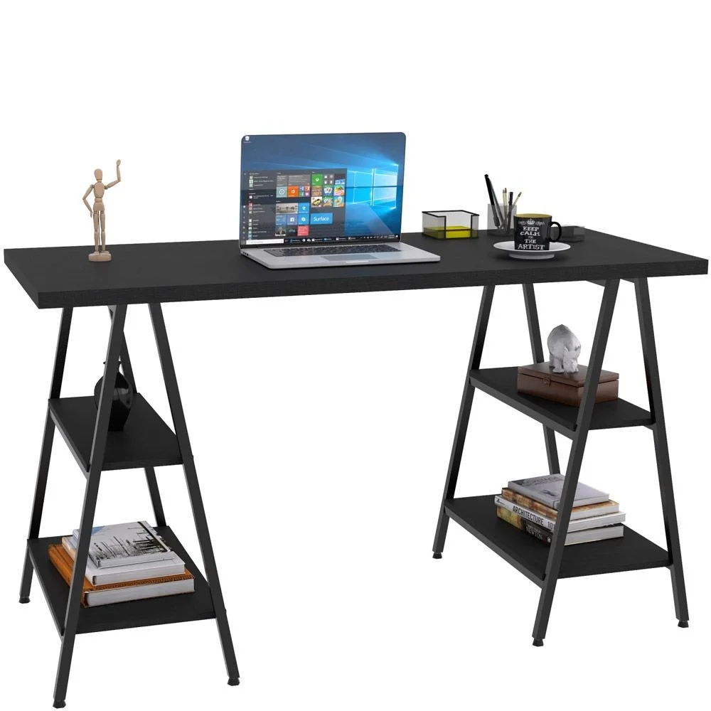 Imagem 5 de 5 do produto Kit Mesa Cavalete 135 Cm Com Estante 3 Prateleiras Estilo Industrial Form C01 Preto Onix - Lyam Decor