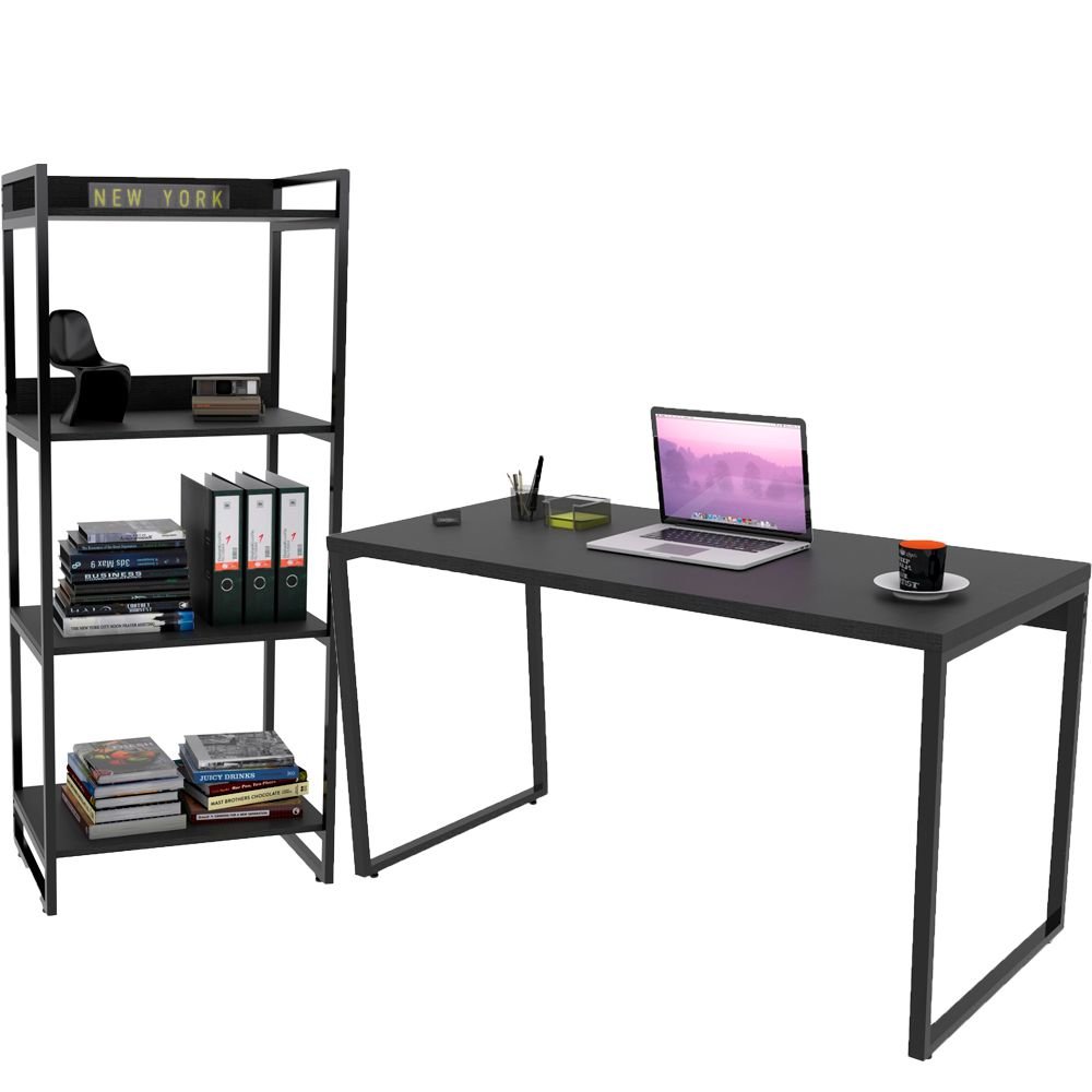 Kit Mesa Para Escritório Com Estante 4 Prateleiras Industrial Form C01 135 Cm Preto Onix - Lyam Decor
