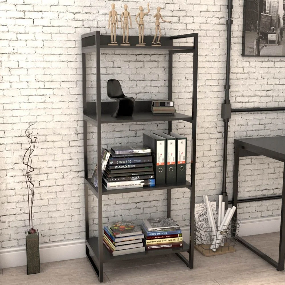 Imagem 2 de 5 do produto Kit Mesa Para Escritório Com Estante 4 Prateleiras Industrial Form C01 135 Cm Preto Onix - Lyam Decor