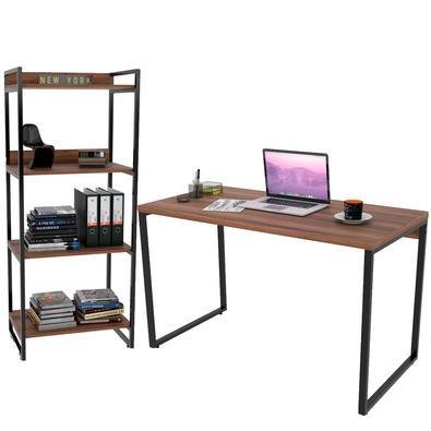 Kit Mesa Para Escritório Com Estante 4 Prateleiras Industrial Form C01 120 Cm Nogal - Lyam Decor