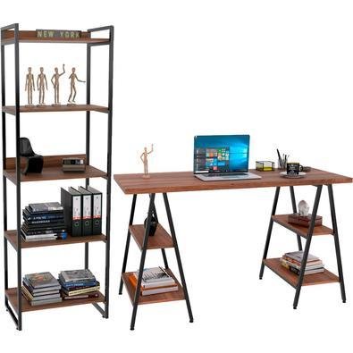 Kit Mesa Cavalete 135 Cm Com Estante 5 Prateleiras Estilo Industrial Form C01 Nogal - Lyam Decor