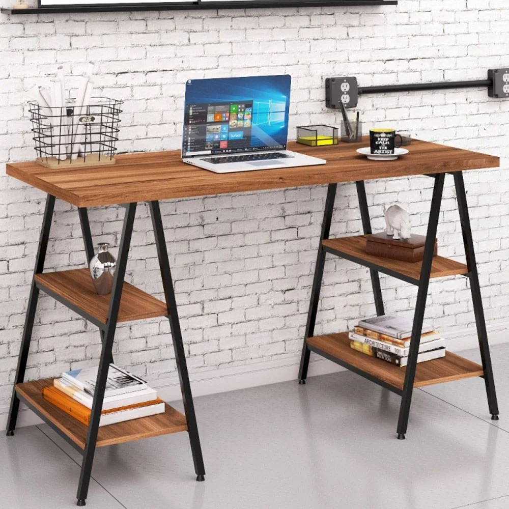 Imagem 2 de 5 do produto Kit Mesa Cavalete 135 Cm Com Estante 5 Prateleiras Estilo Industrial Form C01 Nogal - Lyam Decor