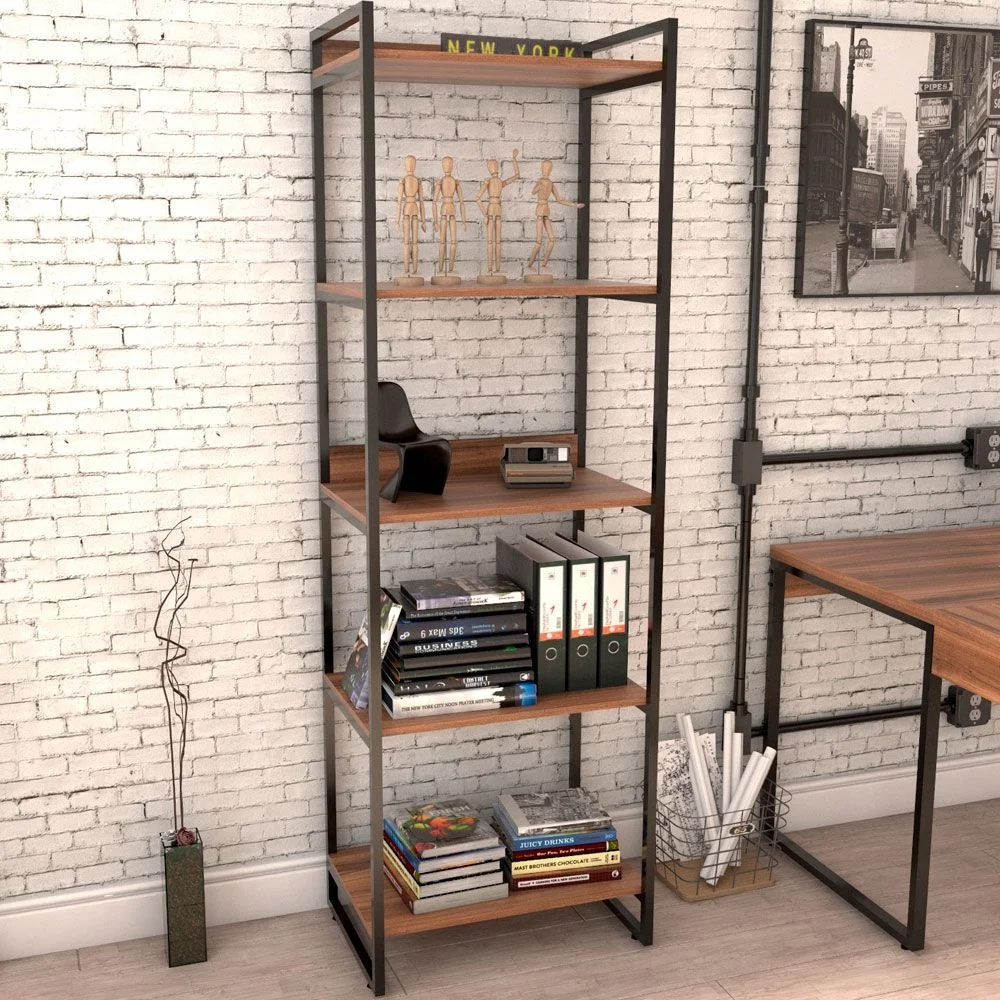 Imagem 4 de 5 do produto Kit Mesa Cavalete 135 Cm Com Estante 5 Prateleiras Estilo Industrial Form C01 Nogal - Lyam Decor