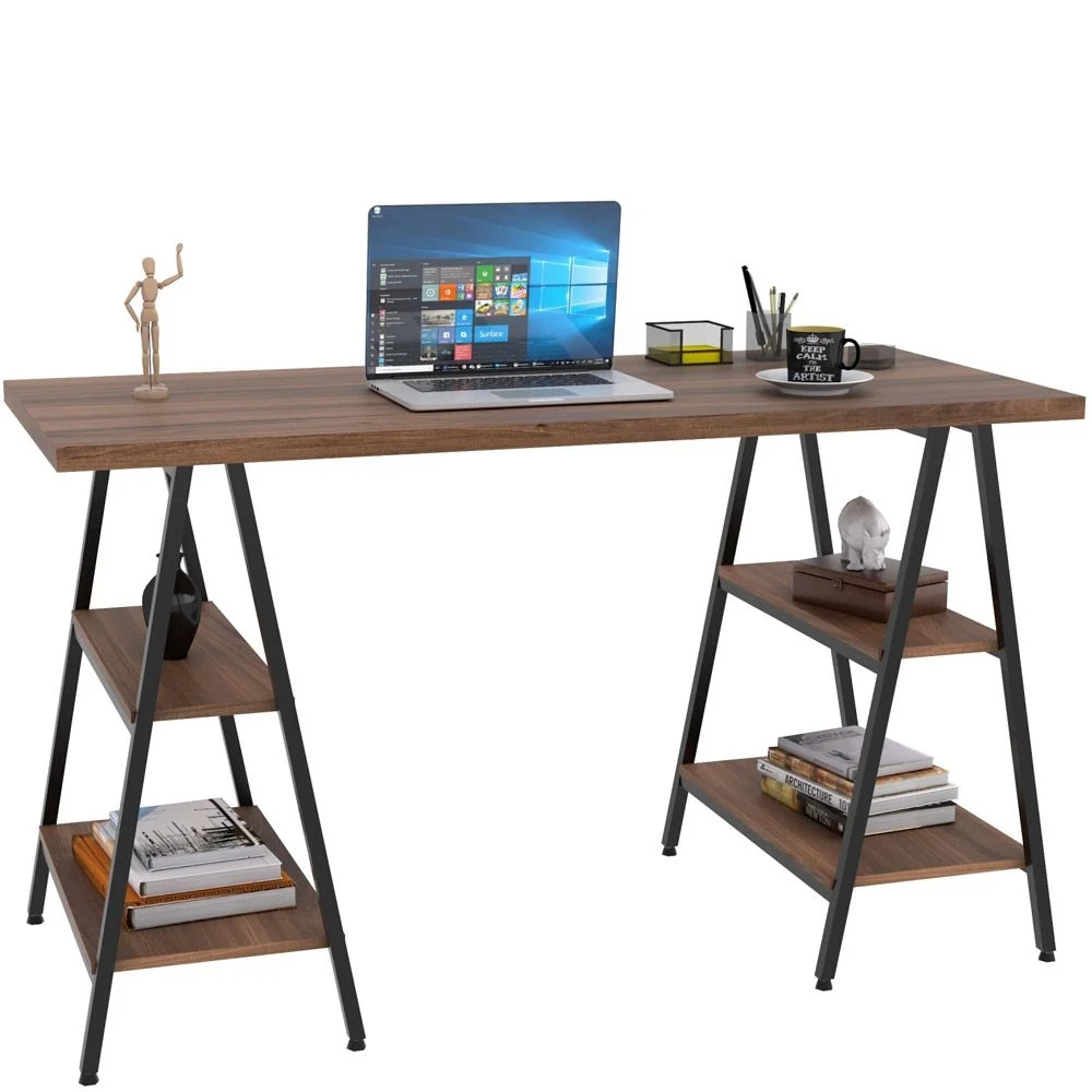 Imagem 5 de 5 do produto Kit Mesa Cavalete 135 Cm Com Estante 5 Prateleiras Estilo Industrial Form C01 Nogal - Lyam Decor
