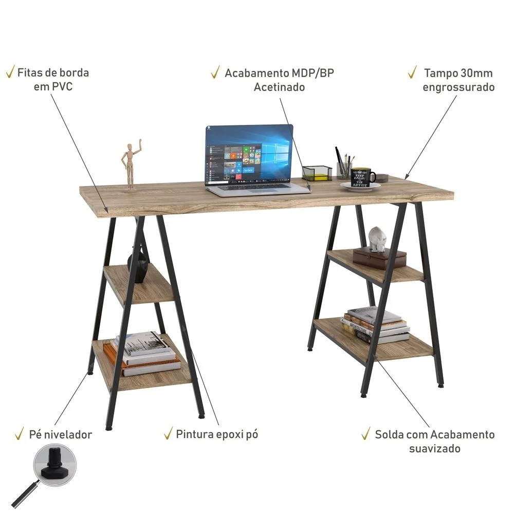 Imagem 2 de 5 do produto Mesa Para Escritório Estilo Industrial Cavalete Form C01 135cm Carvalho - Lyam Decor