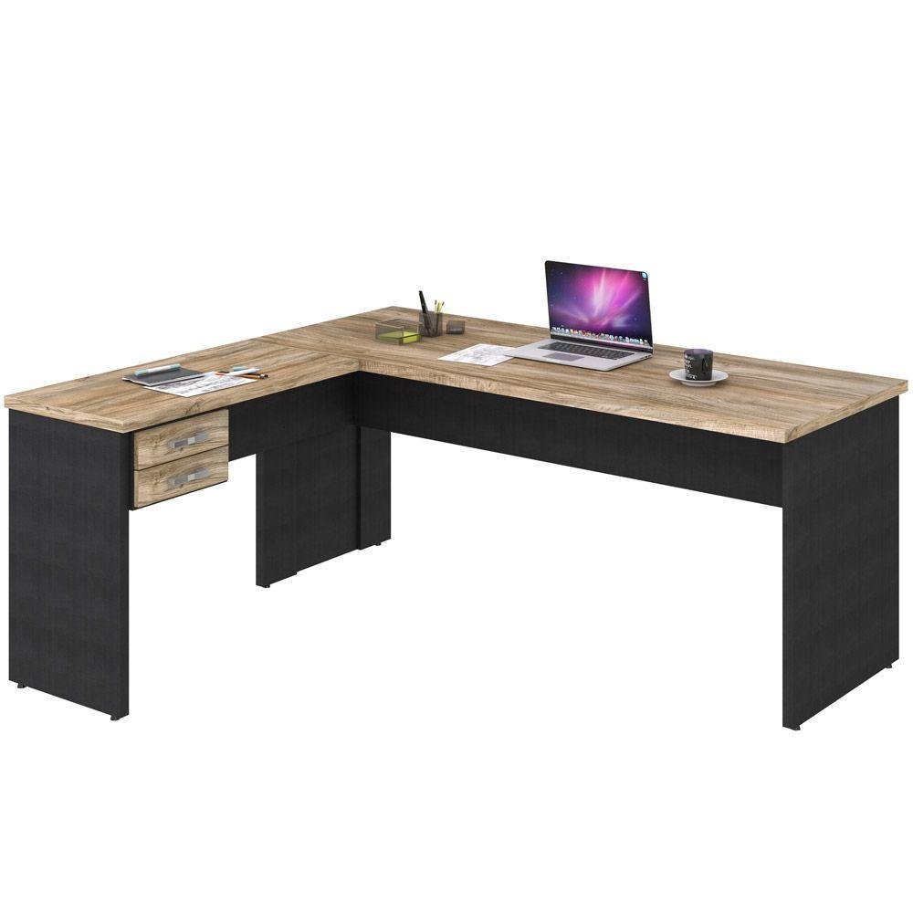 Mesa Para Escritório Home Office Em L Diretor W30 C01 180x160cm Carvalho Com Preto Onix - Lyam Decor