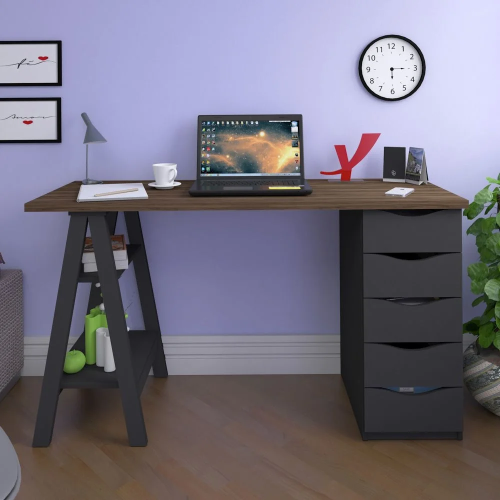 Imagem 1 de 5 do produto Mesa Para Escritório Escrivaninha Home Office 05 Gavetas Spirit Nogal A02 Preto - Lyam Decor