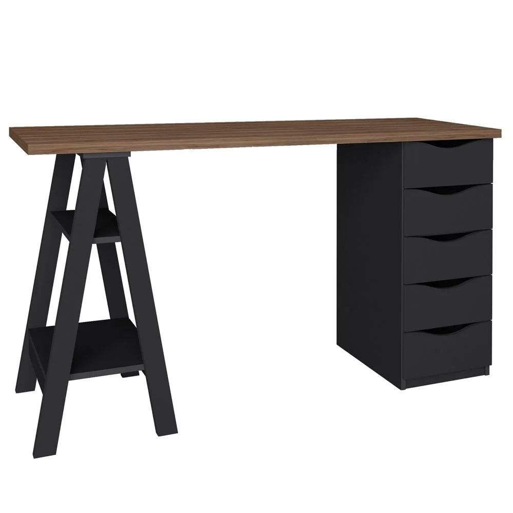 Imagem 2 de 5 do produto Mesa Para Escritório Escrivaninha Home Office 05 Gavetas Spirit Nogal A02 Preto - Lyam Decor