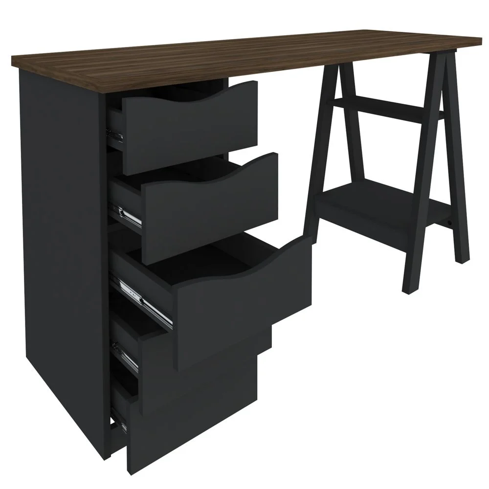 Imagem 3 de 5 do produto Mesa Para Escritório Escrivaninha Home Office 05 Gavetas Spirit Nogal A02 Preto - Lyam Decor