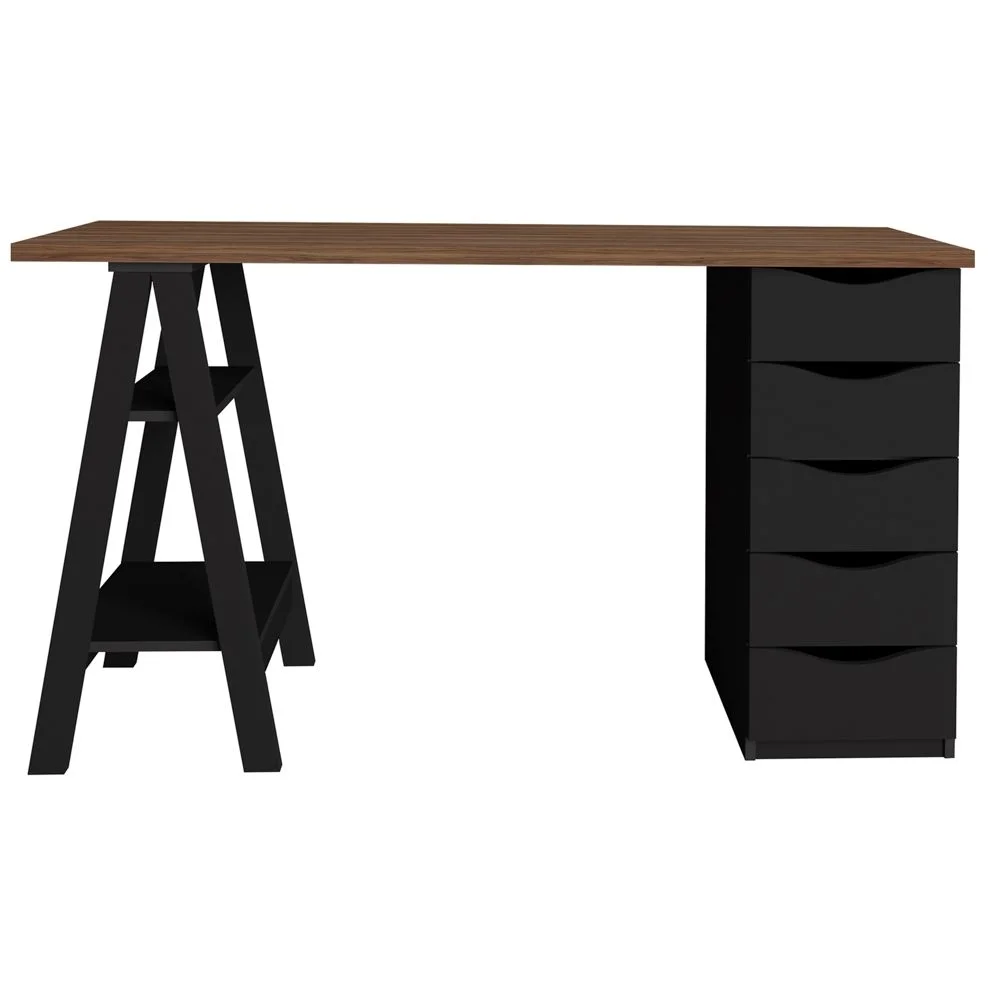 Imagem 4 de 5 do produto Mesa Para Escritório Escrivaninha Home Office 05 Gavetas Spirit Nogal A02 Preto - Lyam Decor