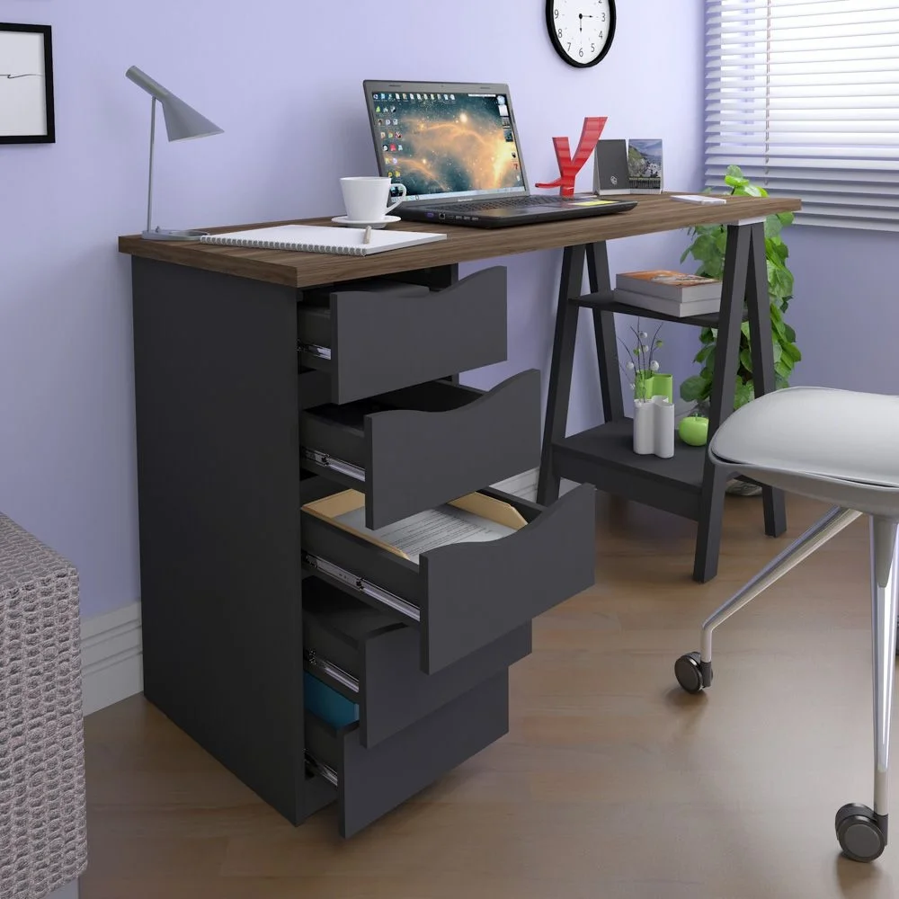 Imagem 5 de 5 do produto Mesa Para Escritório Escrivaninha Home Office 05 Gavetas Spirit Nogal A02 Preto - Lyam Decor